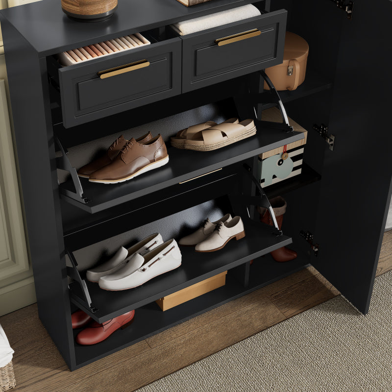 Moderne Schuhschrank, mit verstellbaren Regalen, goldenen Griffen, Schubladen, Klappschuhschrank und Türen,  Schwarz, B95/D24/H107
