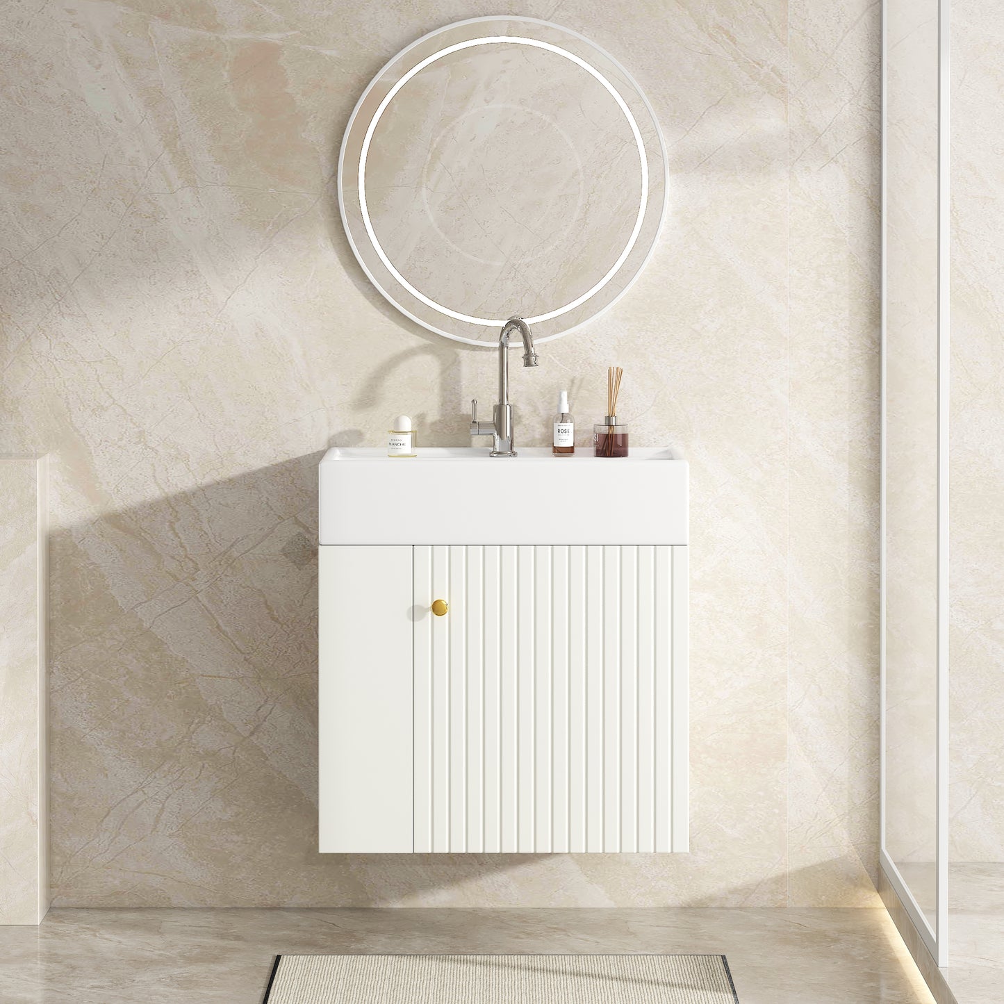 Waschbecken mit Waschtischunterschrank, Waschtischunterschrank , Waschtischunterschrank hängend hellgrau , Kleine Gästebad Möbel, White