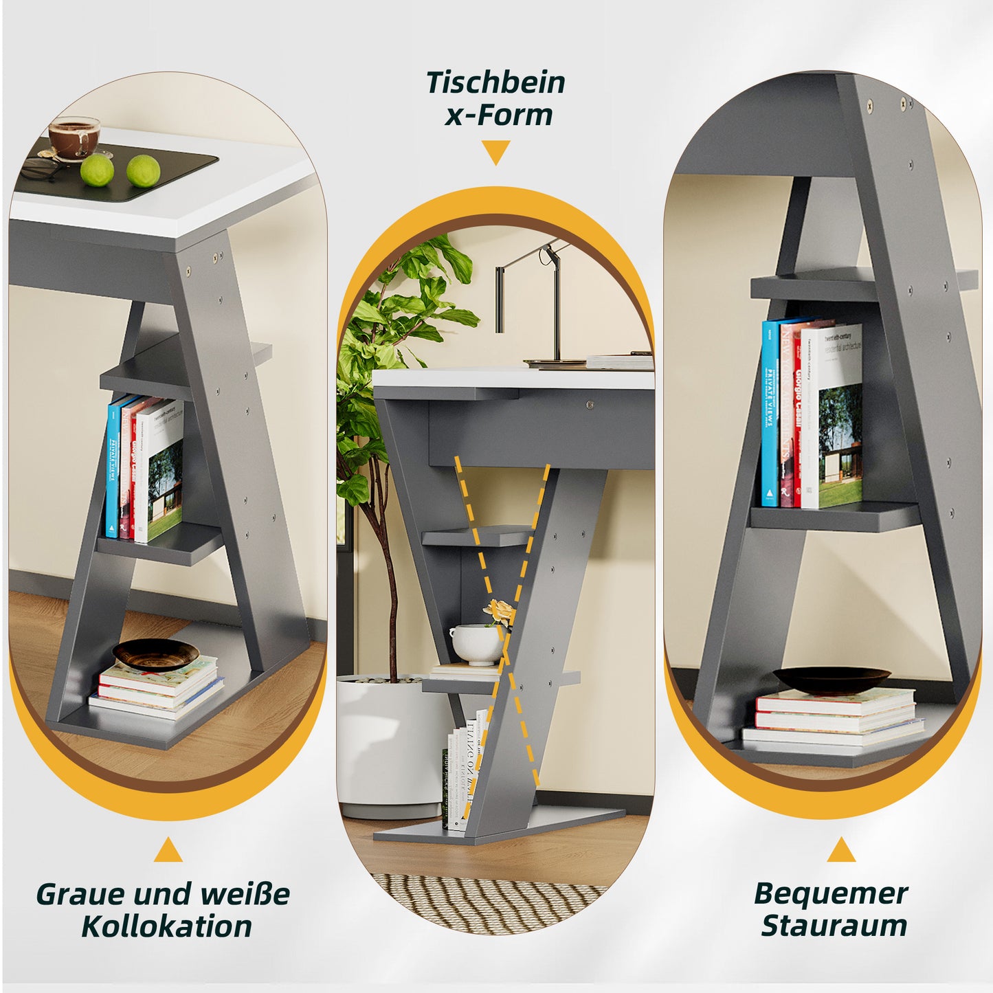 Einfacher Schreibtisch, Schreibtisch mit X-förmiger Halterung, Lagerregal mit sechs Positionen, stilvoll und robust, Grau + Weiß