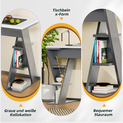 Einfacher Schreibtisch, Schreibtisch mit X-förmiger Halterung, Lagerregal mit sechs Positionen, stilvoll und robust, Grau + Weiß
