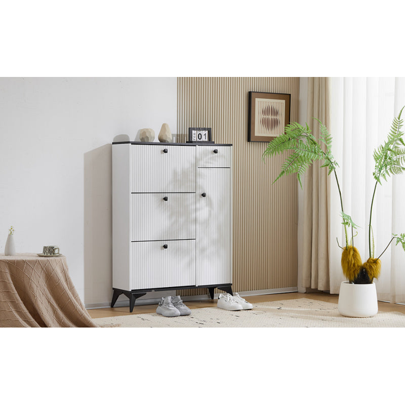 Schuhschrank mit 3 Klappen, 1 Schublade und 1 Tür, Schuhregal, Schuhkipper schmal, Schuhschrank weiß