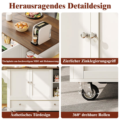 Küchenwagen, herausnehmbarer Esswagen mit offenen Ablagefächern, Handtuchhalter und Gewürzregal, verstellbare Trennwände, Küchenbuffet, Tischplatte mit Holzmaserung, weiß