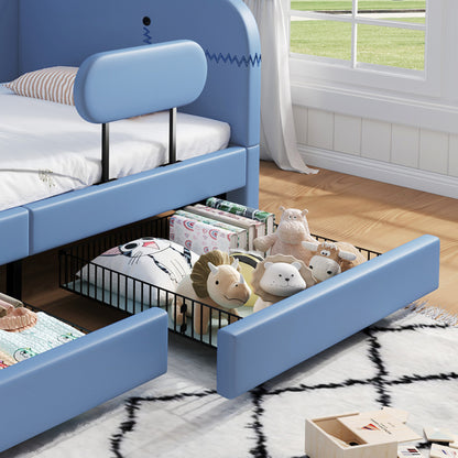 Kinder-Spleißbett, Polsterbett, Tagesbett, Walförmiges Design, Schlafsofa mit Metallbettgestell, 2 Schubladen auf Rollen, PU+MDF+Sperrholz, Blau, 90x200cm