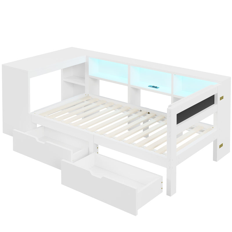 90x200 Holz-Plattformbett mit Ablageflächen, Schubladen, Ladestation und gepolstertem Kopfteil, Mit bunten LED-Leuchten, Weiß