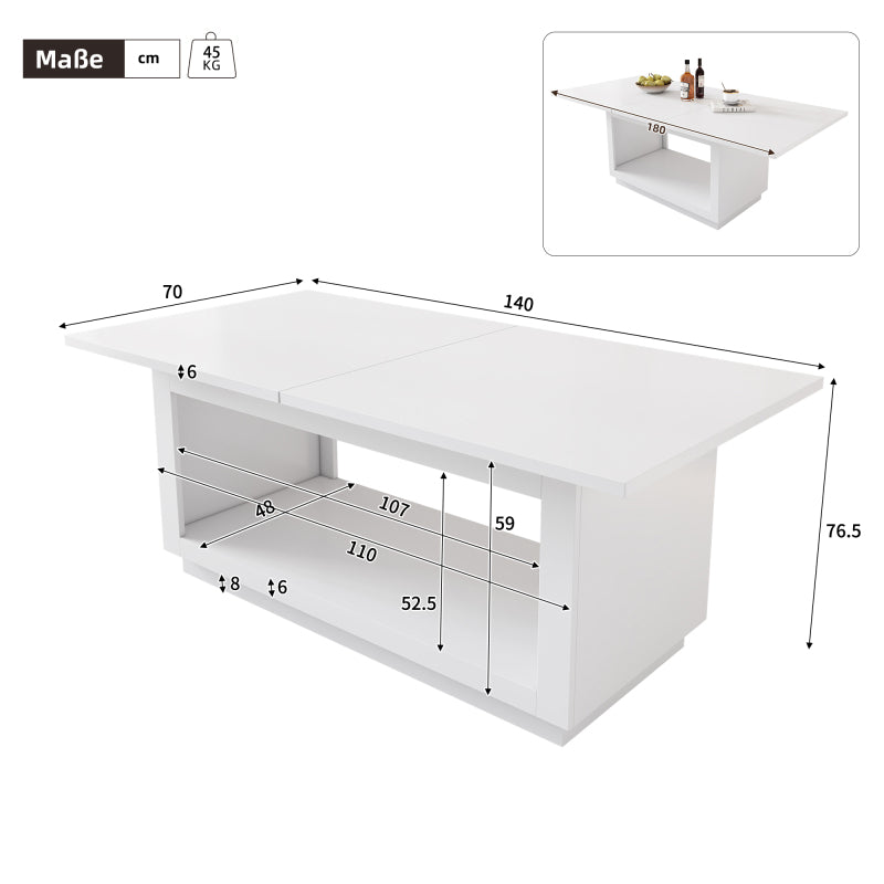 Ausziehbarer Esstisch, quadratischer Esstisch, Couchtisch, Länge 140/180 x Breite 70 x Höhe 76,5 cm, moderner einfacher Esstisch, weiß
