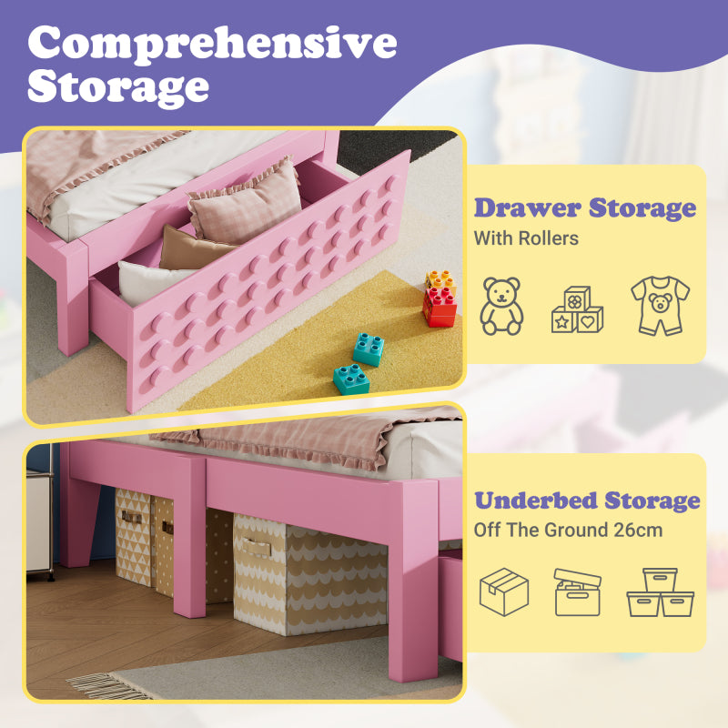 Holzbett Einzelbett 90x200 cm, Kinderbett Jugendbett mit Kreativem Block Design, Massivholz Bettgestell mit Lattenrost, mit Schubladen & Unterm Bett Stauraum, Rosa, Ohne Matratze