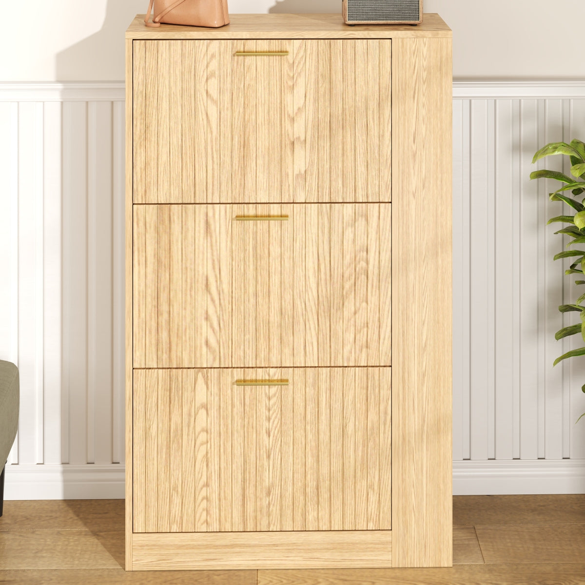 Moderner Schuhschrank aus Holz - 3 Türen, Großes Fassungsvermögen & Offene Regalfächer - Stilvoller Schuhkipper für Eingangsbereich & Foyer