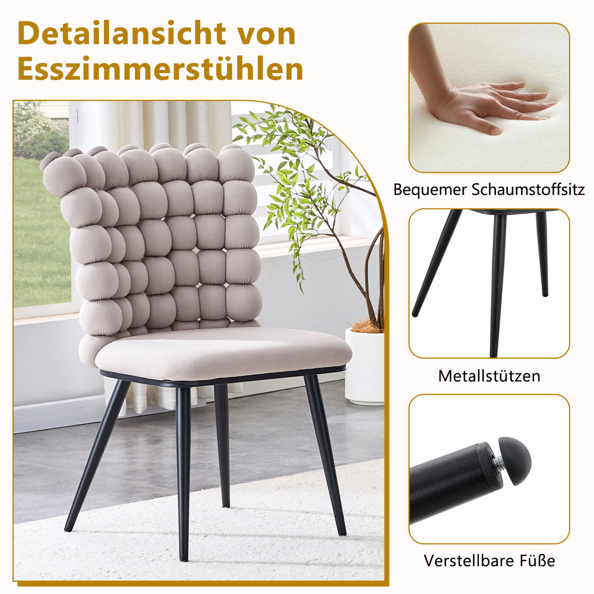 Esszimmerstuhl Samt Hellgrau, Kugelketten-Design, Schwarz-Metallbeine, Modern