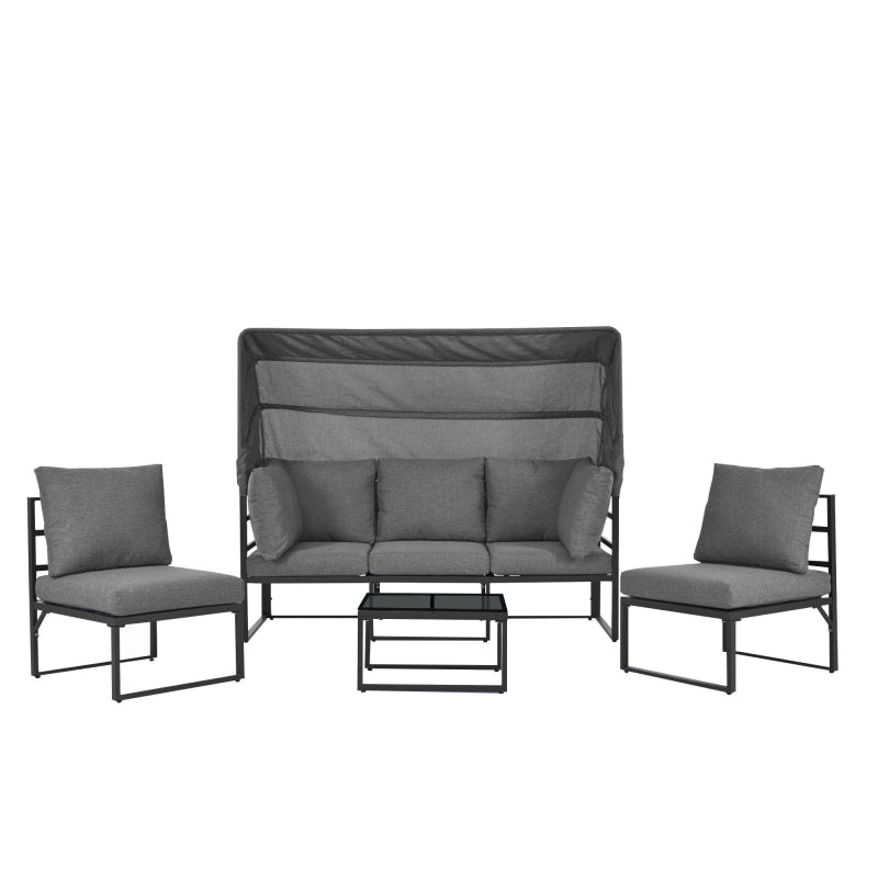 Garten Loungesessel Set, Iron Sunny Island Sitzgruppe Hocker und Tisch mit Markise 4er Set Balkon und Garten Loungemöbel Terrassenmöbel Wetterfest Grau Inkl. aller Kissen(previous sku:HW24006AAA)