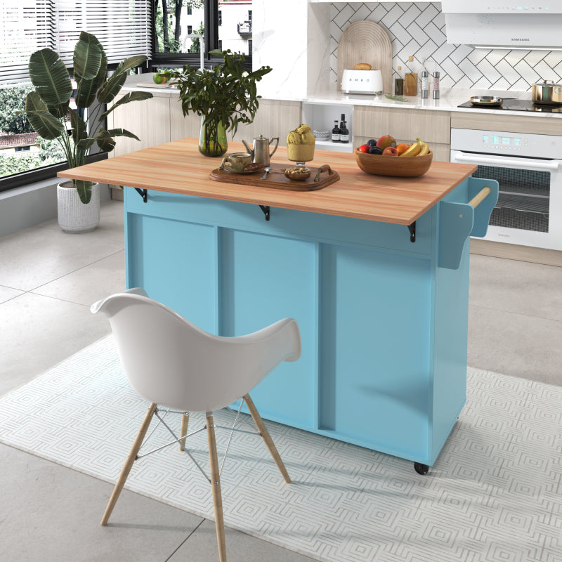 129x46(71)x91,5 cm großer Speisewagen/Sideboard, Arbeitsplatte mit Massivholzmaserung + blauer Schrank/faltbare Arbeitsplatte/Aufbewahrungstür-Design/Räder/Massivholzfüße umschaltbar/für Zuhause geeig