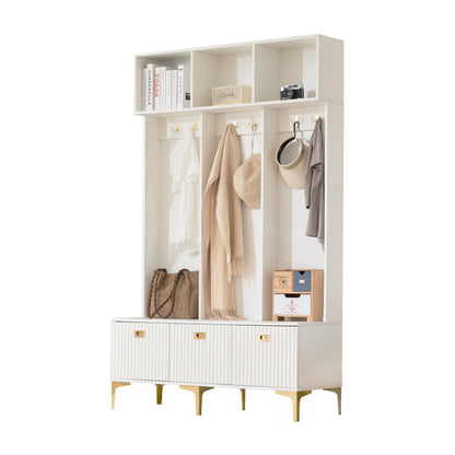 Garderobenset mit Bank, multifunktionale Aufbewahrungsbank, offene Aufbewahrung,6 goldene Haken und Füße, geeignet für Flur, Wohnzimmer, weiß, B120/D40/H191.5CM