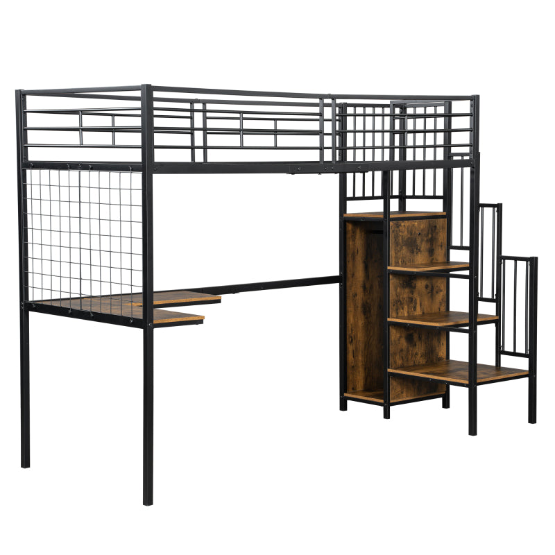 Eisenbett, Etagenbett, Hochbett, Geeignet für Kinder und Jugendliche, mit Tisch und Kleiderschrank, Seitenleiter mit Handlauf, Eisen+Spanplatte, Schwarz+dunkle Holzfarbe, 90x200cm