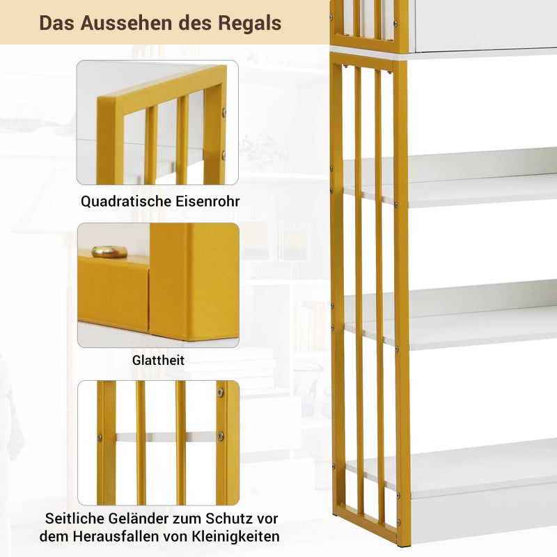 Bücherregal, 6 Regal Bücherregal mit mit Türen und  Schubladen industrielle Bücherregal, Stahlregal, weiß marmoriert mit Goldrahmen
