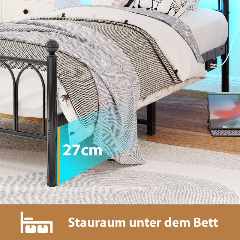90x200cm Metall Bettrahmen mit Vintage Kopf und Fußplatte, USB-Ladestation, LED-Bettrahmen, Heavy Duty Stahl Slat Unterstützung, Reichweite Unterbett-Speicher, Keine Box-Feder erforderlich, Schwarz