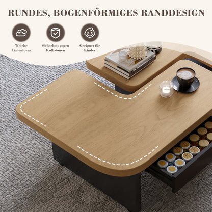 Moderner Couchtisch mit LED-Design aus umweltfreundlichem Holz, 2-in-1-Design, weiche Rundungen, höhenverstellbare Füße
