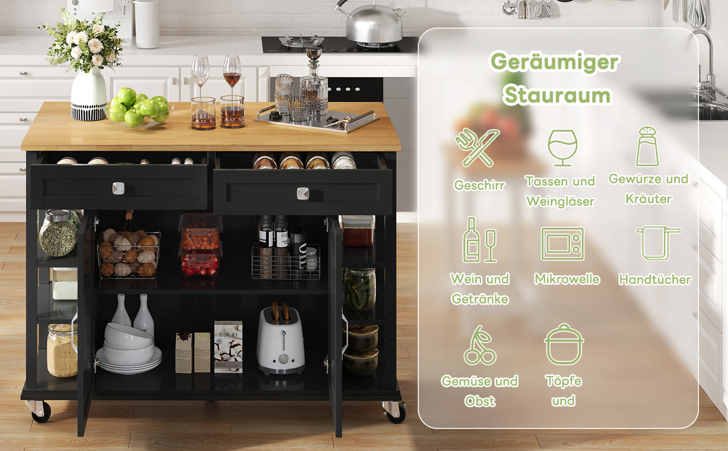 Multifunktionaler Küchenwagen mit klappbarer Arbeitsplatte, 120×65 cm erweiterbar, 2 Schubladen, geräumige Aufbewahrung, auf Rollen – Stilvoller Servierwagen für Küche, Esszimmer & Wohnzimmer