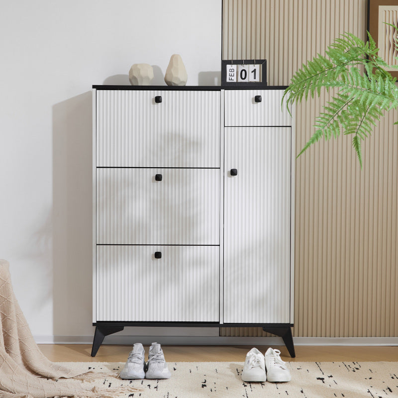Schuhschrank mit 3 Klappen, 1 Schublade und 1 Tür, Schuhregal, Schuhkipper schmal, Schuhschrank weiß