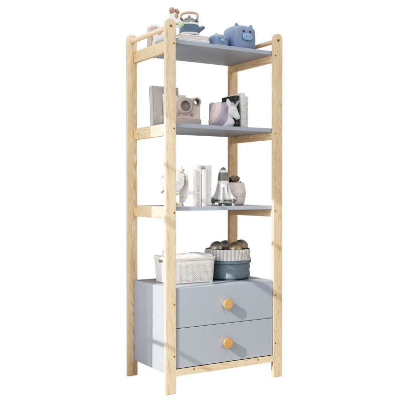 Standregal, 2 Schubladen, 4 Ebenen Bücherregal, Kieferrahmen, Vollholzgriffen, für Wohnzimmer, Schlafzimmer, Bücherzimmer, blau+natürliches Holz