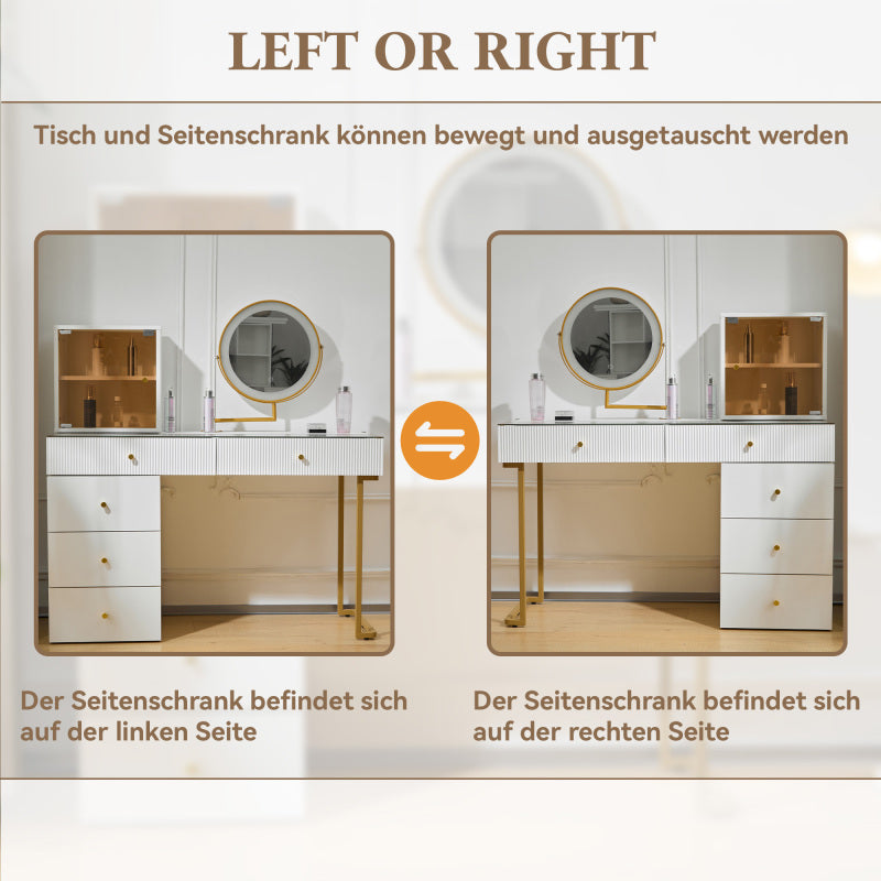 Schminktisch-Set mit LED-beleuchtetem Spiegel, transparenter Tischplatte aus gehärtetem Glas, Schminktisch-Seite und Schrank, elegante Möbel, weiß, Maße: 120 x 45 x 115 cm(ohne Hocker)