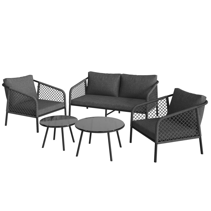 Garten-Lounge-Set, Gartenmöbel-Set aus Seil, Modernes Outdoor-Sofa-Set, graues Seil, Tischplatte aus glattem Glas, inklusive aller Sitz- und Rückenkissen,Loungemöbel, Balkonset , Garten & Terrasse