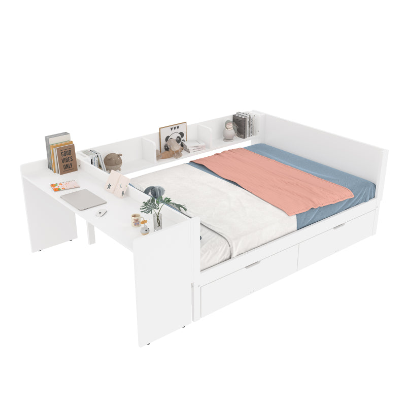 Flachbett, Holzbett, 140x200cm, mit Schreibtisch, ausgestattet mit 2 Schubladen, Doppelbett(Ohne Matratze), mit Regalen, Kiefer + Spanplatte, weiß