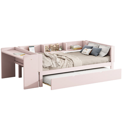 90*200cm, Flachbett, mit ausziehbarem Bett, mit Schreibtisch, drei Regale an der Seite des Bettes, Rosa