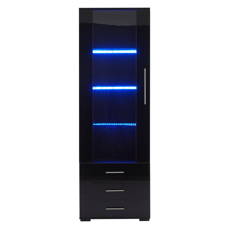 Schwarz Hochglanz Vitrine, Vitrine Glasvitrine , Standvitrine mit LED-Beleuchtung, Vertikale Vitrine mit 3 Schubladen, 60*35*180cm