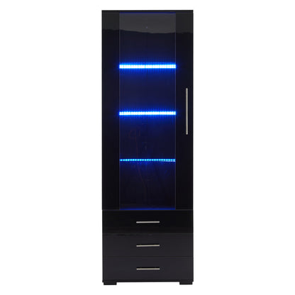 Schwarz Hochglanz Vitrine, Vitrine Glasvitrine , Standvitrine mit LED-Beleuchtung, Vertikale Vitrine mit 3 Schubladen, 60*35*180cm