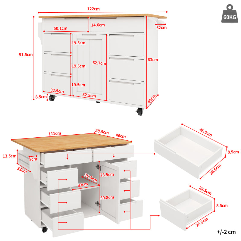 Moderne Kücheninsel, Küchenschrank, Ausziehbarer Küchenwagen mit Rollen und Arbeitsplatte, Servierwagen mit Gewürzregal und 8 Schubladen, weiß