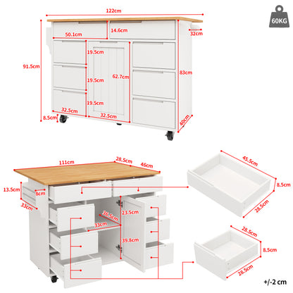 Moderne Kücheninsel, Küchenschrank, Ausziehbarer Küchenwagen mit Rollen und Arbeitsplatte, Servierwagen mit Gewürzregal und 8 Schubladen, weiß