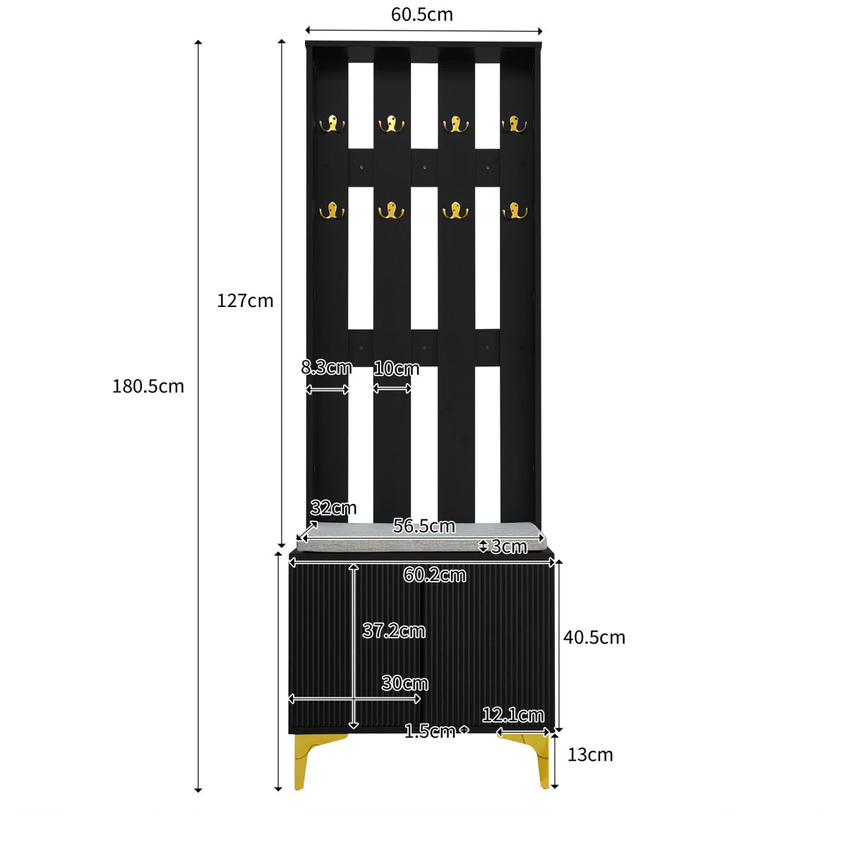 Garderoben-Set mit Schuhschrank & Sitzbank, Wellenfront, Push-to-Open, goldene Haken & Füße, Schwarz