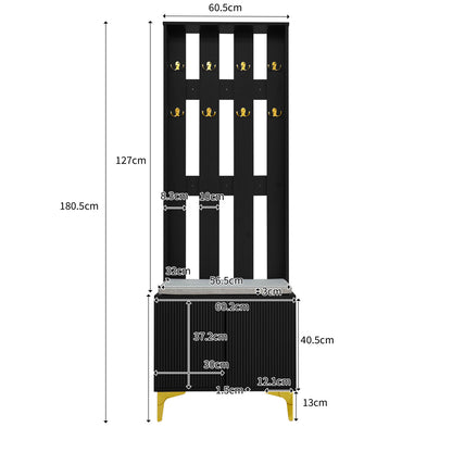 Garderoben-Set mit Schuhschrank & Sitzbank, Wellenfront, Push-to-Open, goldene Haken & Füße, Schwarz