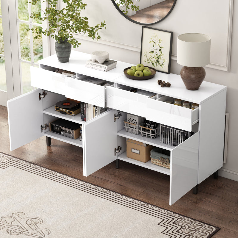 Hochglanz Sideboard, Kommoden,Highboard, Schubladenkommoden mit 4 Schubladen2 Türen und höhenverstellbaren Regalböden, weiß