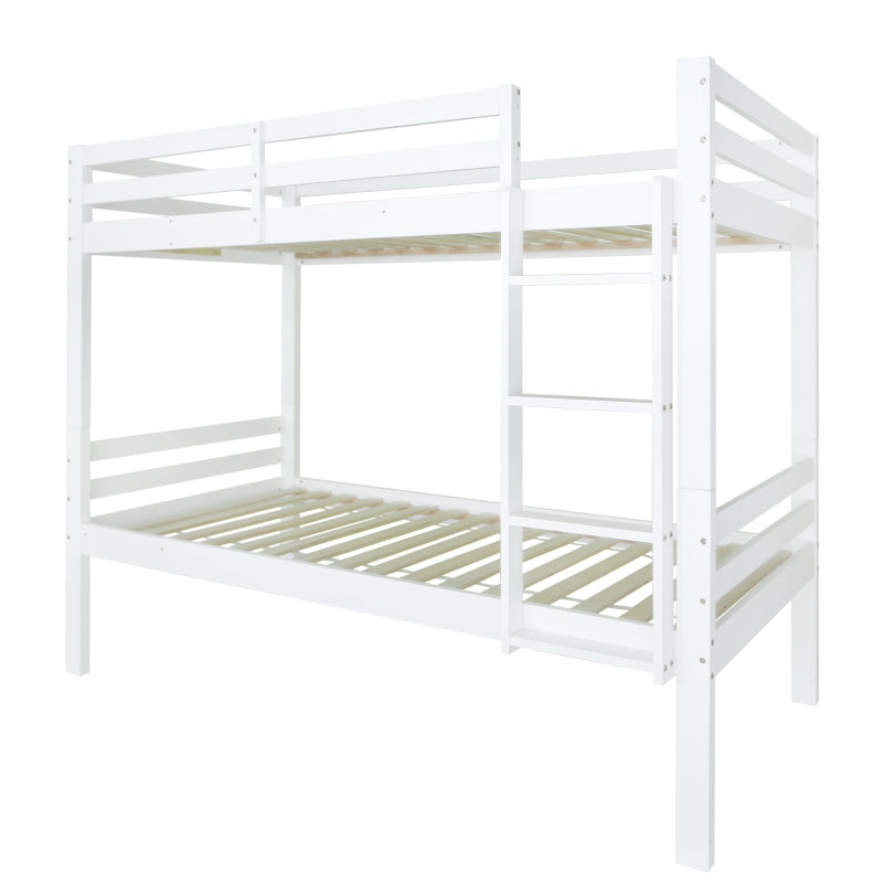 Etagenbett für Kinder, Kinderbett mit dreistufiger Winkelleiter und Absturzsicherung, Bett aufgeteilt in 2 Einzelbetten, Jugendbett, Einzelbett, Rahmen aus Kiefer, Weiß, 90x200cm