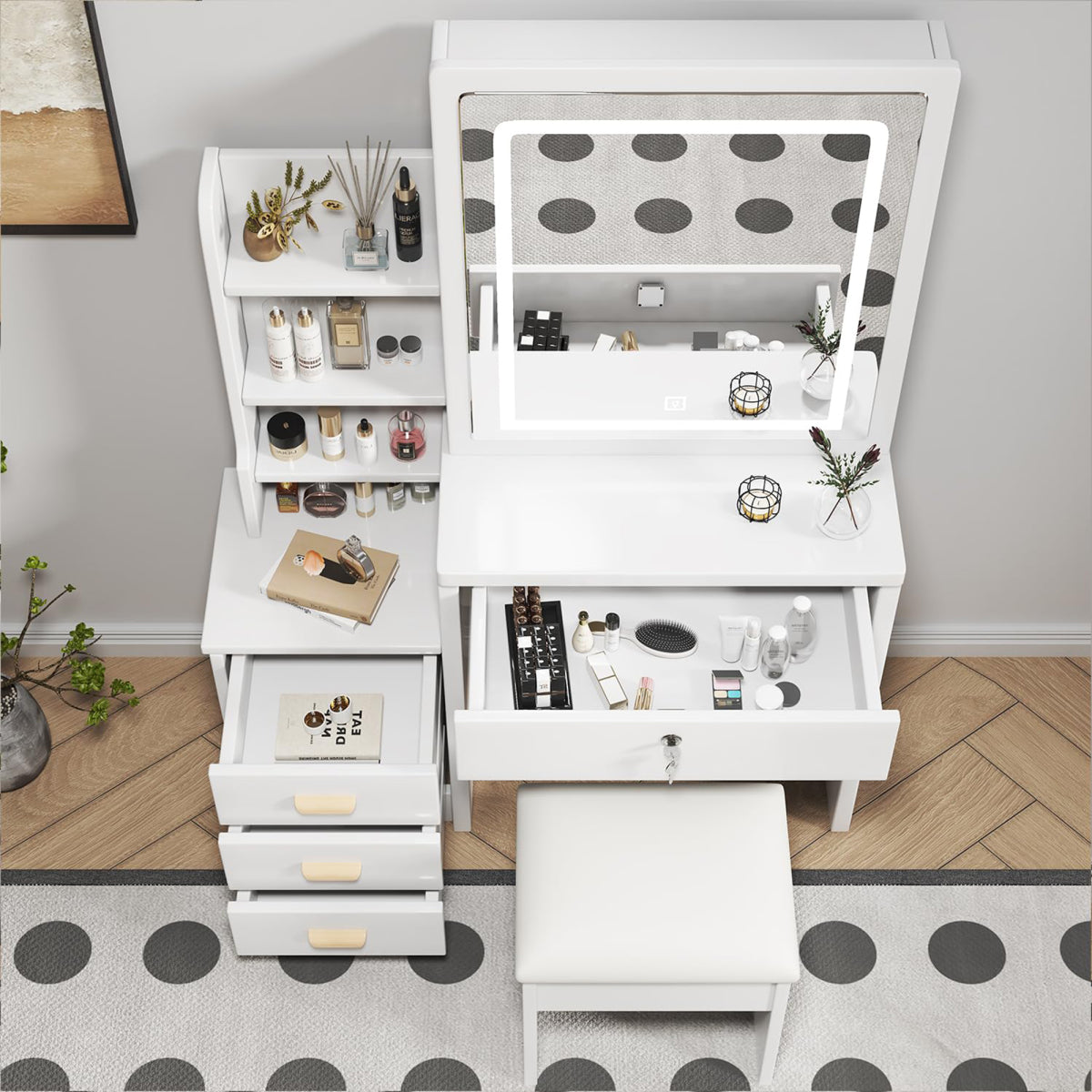 Luxus Schminktisch LED, 3 Lichtfarben, 4 Schubladen, inkl. Hocker, Weiß