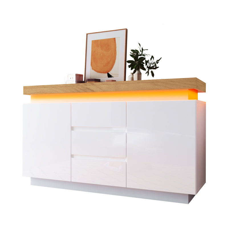 Kommode, Hochglanz Sideboard mit 2 Türen und 3 Schubladen, LED Beleuchtung (App Control), Mehrzweckschrank für Wohnzimmer und Schlafzimmer, 81 x 140 x 39 cm, Weiß