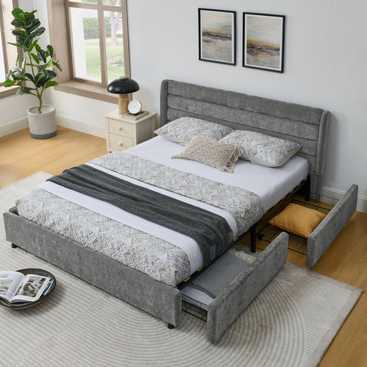 Doppelbett 160×200 cm aus Chenille mit 4 Schubladen, stabiles Bettgestell für Schlafzimmer & Eltern-Kind-Zimmer, Gray (ohne Matratze)