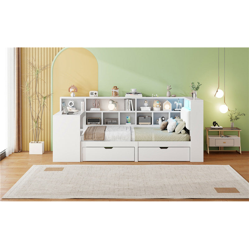 90x200 L-förmiges Holz-Plattformbett mit Schreibtisch und Bücherregal, Eck-Kapitänsbett mit gepolstertem Kopfteil, Schubladen unter dem Bett, LED-Licht - Weiß