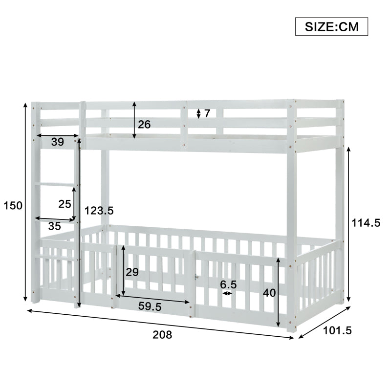 Etagenbett mit rechtwinkliger Treppe, Bett mit Zäune und Türchen, Kinderbett mit Fallschutz und Gitter, Massivholz, weiß (200x90cm)