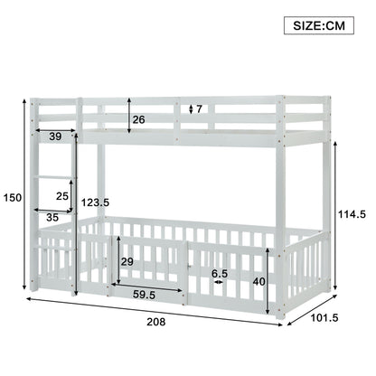 Etagenbett mit rechtwinkliger Treppe, Bett mit Zäune und Türchen, Kinderbett mit Fallschutz und Gitter, Massivholz, weiß (200x90cm)