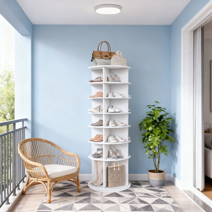 Drehbares Schuhregal 7 Ebenen, 360°, Stiefelfach, 28 Paar, Weiß, 184 cm