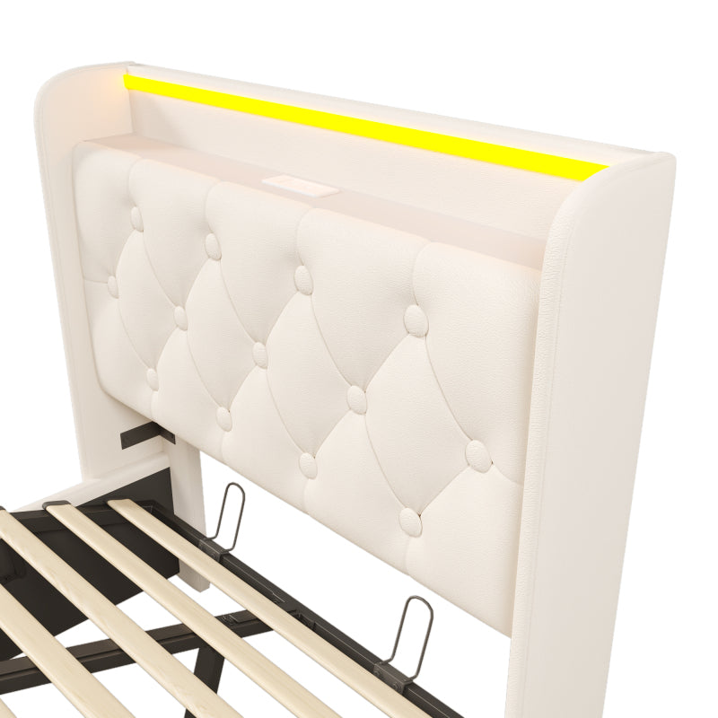 Polsterbett einzelbett, 360-Surround-LED-Funktion, Drucktaste/App/Fernbedienung, 90*200 cm, weiß PU-Material Hydraulisches Lagerbett, gepolstertes Kopfteil mit USB Typ-C Ladefunktion (Mit Matratze)