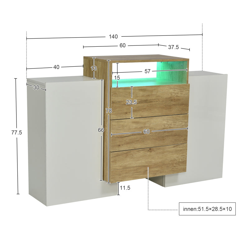 Sideboard, Moderner Kommode, Schrank 140cm, Hochglanz-Weiß und Holzfarbe, Mehrfarbige LED-Lichteffekte. Stilvolle Aufbewahrungslösung (Teilweise glänzende Oberfläche)