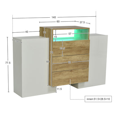 Sideboard, Moderner Kommode, Schrank 140cm, Hochglanz-Weiß und Holzfarbe, Mehrfarbige LED-Lichteffekte. Stilvolle Aufbewahrungslösung (Teilweise glänzende Oberfläche)