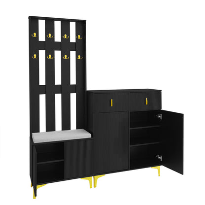 Garderoben-Set mit Schuhschrank & Sitzbank, Wellenfront, Push-to-Open, goldene Haken & Füße, Schwarz