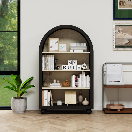 Schwarzes Bücherregal mit bogenförmigem Design, Höhe 120 cm, geeignet für Wohnzimmer, Schlafzimmer, Arbeitszimmer und Büro