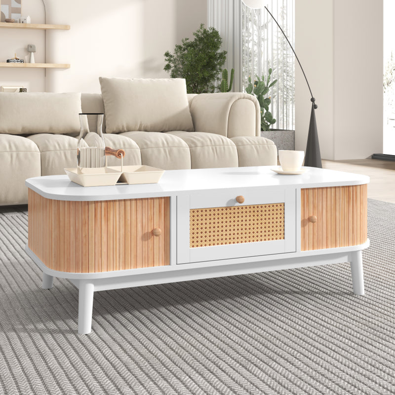 Couchtisch - Rattan-Kaffeetisch, Schubladen mit Rattan und Schiebetüren mit Massivholzlatten, Massivholzbeine, Natürlicher Landhausstil.