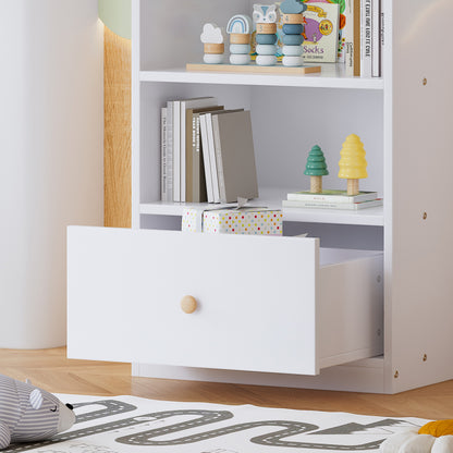 Bücherregal, Regal mit drei Einlegeböden und einer Schublade, geräuschlosen Gleitern, Schlafzimmer, Wohnzimmer, MDF, Weiß