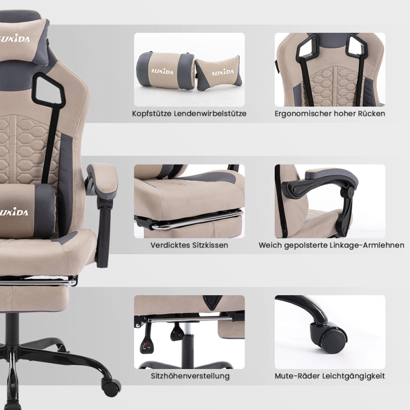 Gaming Stuhl, Ergonomischer Gaming-Stuhl mit Fußstütze, Racing Gaming Chair Kopfstütze Verstellbarer Computerstuhl Höhenverstellbar Lendenwirbelstütze für Homeoffice und Gaming Beige