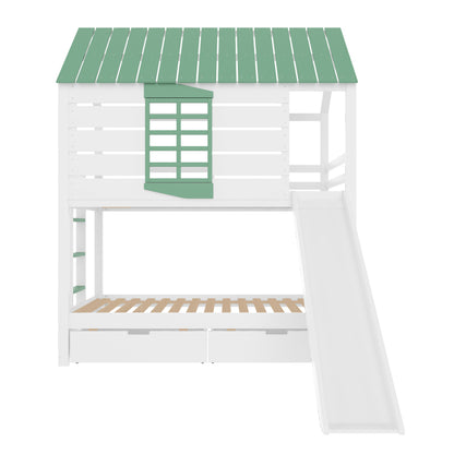 90X200 Haus-Etagenbett mit Rutsche und 2 Schubladen, Weiß+Grün